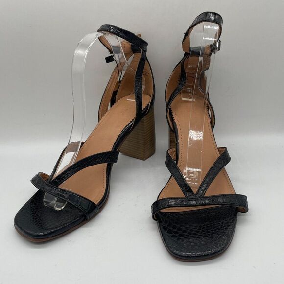 Crevo Kaitlin Black Croc Leather Block Heel Sandals Open Toe Sz 9.5 Memory Foam - Picture 4 of 14